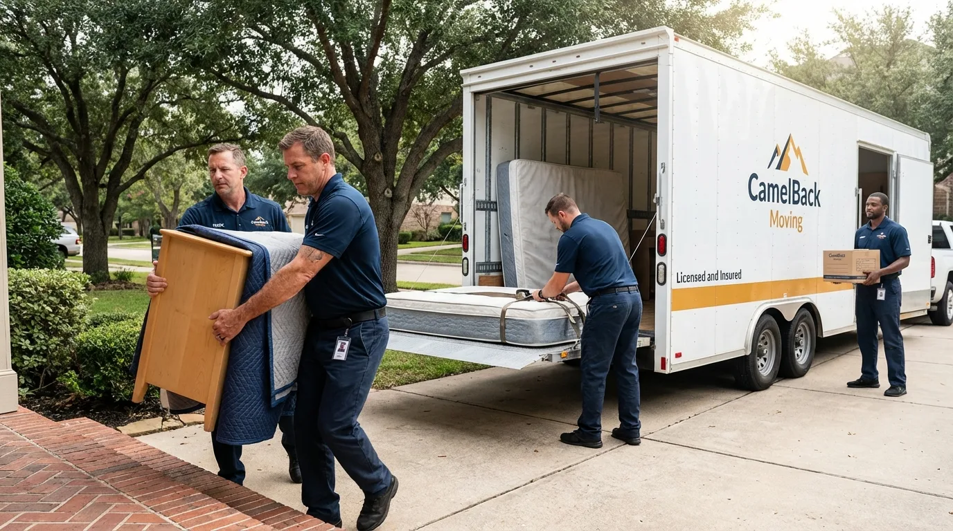 Crew loading residential truck for cross-state move from Dexter, ME