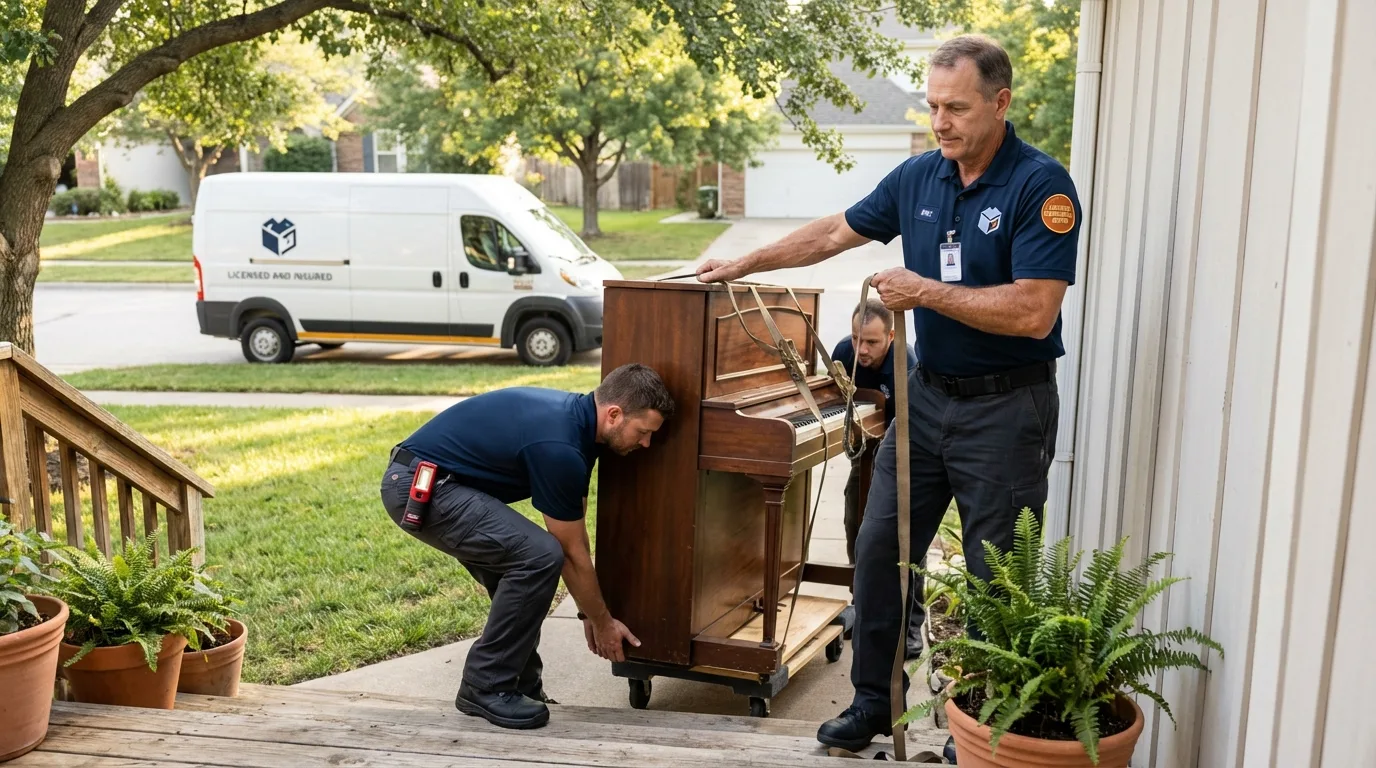 Licensed piano movers securing grand piano in Dexter, ME